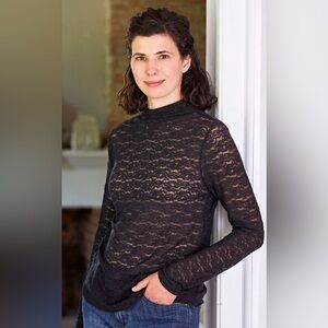April Cornell Amelie Mock Turtleneck T-Shirt Floral Lace Black Sheer Size Medium